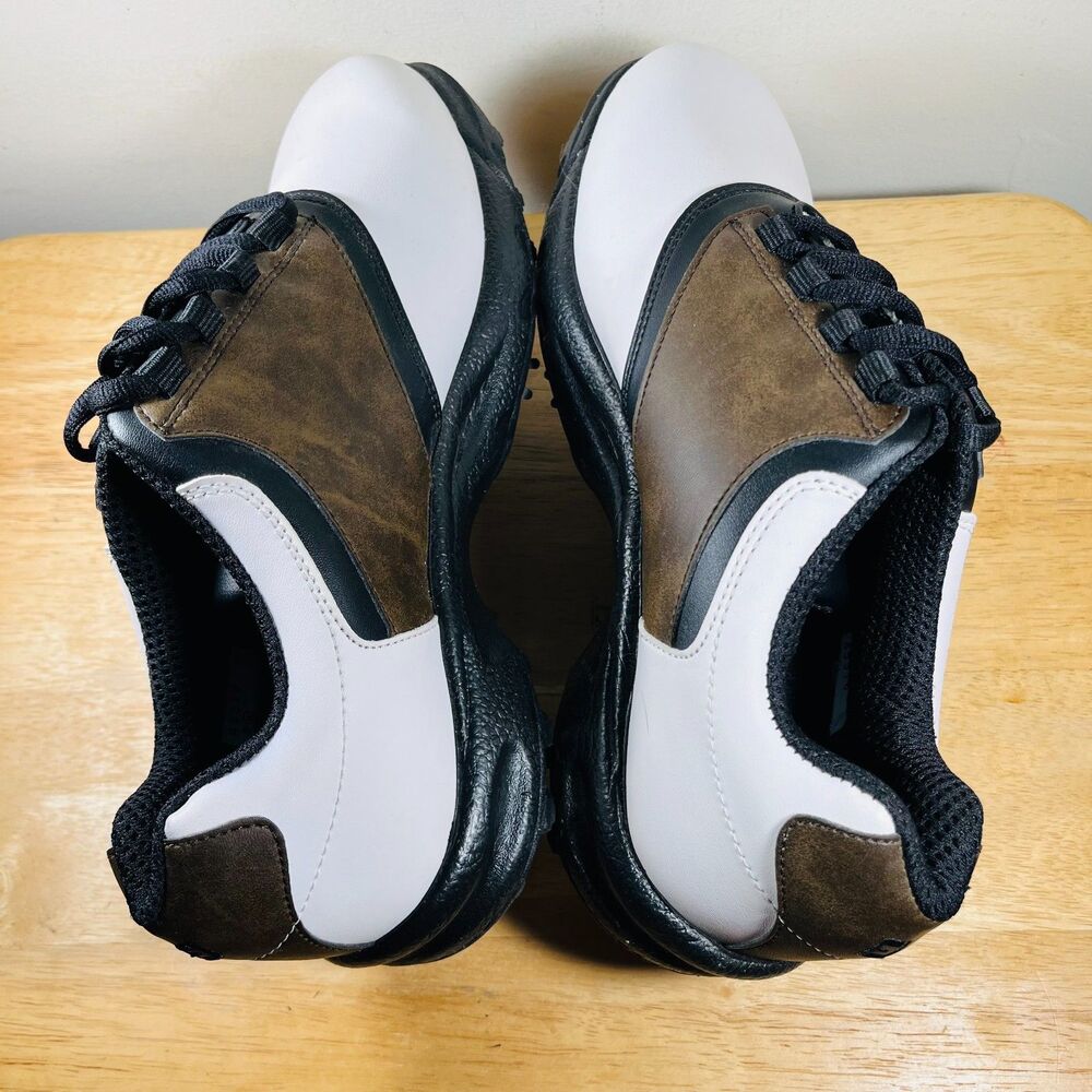 FootJoy GreenJoys Mens Shoes Size 9 White Brown Black Saddle Golf Spikes 45516 - Picture 7 of 10